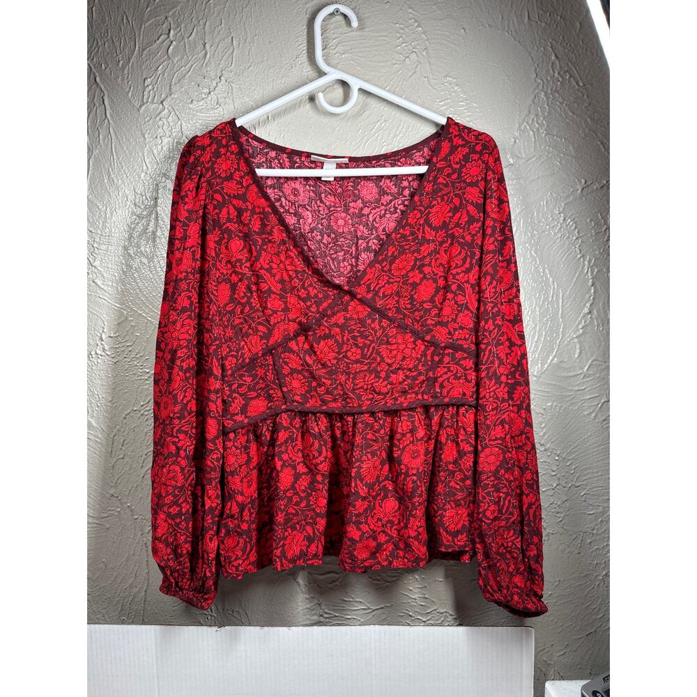 Knox‎ Rose Red Embroidered Long Sleeve Shirt Blouse Metallic Thread Size Large